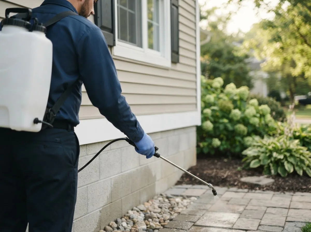 Pest control technician inspecting a home in Penitas, TX